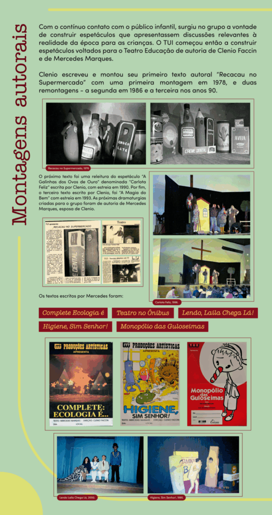 Banner retangular com orientação vertical e fundo verde claro. Na parte superior esquerda, em letras marrons na vertical, o título Montagens Autorais. Na parte superior, em letras pretas, na horizontal: Com o contínuo contato com o público infantil, surgiu no grupo a vontade de construir espetáculos que apresentassem discussões relevantes à realidade da época para as crianças. O TUI começou então a construir espetáculos voltados para o Teatro Educação de autoria de Clenio Faccin e de Mercedes Marques. Clenio escreveu e montou seu primeiro texto autoral “Recacau no Supermercado” com uma primeira montagem em 1978, e duas remontagens - a segunda em 1986 e a terceira nos anos 90. Abaixo do texto, duas fotos em preto e branco de cenas de um espetáculo, com os personagens com figurinos de produtos, como garrafa de bebida, embalagem de chocolate, lata de doce em calda, lata de milho verde e caixa de aveia. Abaixo das fotos, na parte central do banner, à esquerda, em letras pretas: O próximo texto foi uma releitura do espetáculo “A Galinhas dos Ovos de Ouro” denominada “Carlota Feliz” escrita por Clenio, com estreia em 1990. Por fim, o terceiro texto escrito por Clenio, foi “A Magia do Bem” com estreia em 1993. As próximas dramaturgias criadas para o grupo foram de autoria de Mercedes Marques, esposa de Clenio. Abaixo das fotos, três recortes com reportagens de jornal sobre os espetáculos Recacau no Supermercado, com foto dos personagens com figurinos de produtos, Carlota Feliz, com dois atores que contracenam, e uma reportagem com o título TUI – Sucesso absoluto em 93. À direita do texto e das reportagens, duas fotos coloridas do espetáculo Carlota Feliz, de 1996. Na primeira foto, uma personagem segura uma vassoura e usa vestido curto e florido. Um personagem de camisa xadrez e calça jeans fala ao centro da cena, com uma casa amarela cenográfica ao fundo. À direita, personagens com figurino de galinha e cachorro com grandes orelhas. Na segunda foto, o de camisa xadrez e o cachorro conversam frente a frente. Abaixo das reportagens e fotos, os títulos de cinco espetáculos. Abaixo dos títulos, cartazes de três espetáculos. O primeiro é do espetáculo “Complete: Ecologia é...”. Ao centro, cenário com sol ao fundo e duas árvores nas laterais, com as copas em formato de pirâmide. À frente, por todo palco, flores cenográficas de diversas cores, formatos e alturas. O segundo cartaz é do espetáculo “Higiene, sim senhor”, com o desenhos de objetos domésticos com pés, mãos e rostos humanos. Um germe faz cara de mau e corre atrás de uma escova de dentes, uma seringa e um objeto em formato oval. Um objeto em formato circular está caído de costas no chão, como se tivesse escorregado. O terceiro cartaz é do espetáculo Monopólio das Guloseimas, com o desenho em preto e branco de um menino que tem o nariz de um doce enroladinho, branco e vermelho. Na parte inferior, duas fotos coloridas, uma delas do espetáculo Lendo Laila Chega Lá, do ano 2000, com quatro pessoas do elenco perfiladas, três sentadas em um banco e um em pé, à direita. A segunda foto é do espetáculo Higiene, Sim Senhor, com personagens com figurino de escova de dente, seringa e cenário com grandes caixas de vitamina e xarope.