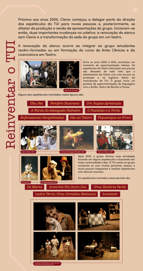 Banner retangular com orientação vertical e fundo bege. À esquerda, em letras vermelhas escritas na vertical, o título: Reinventar o TUI. Na parte superior, em letras pretas na horizontal: Próximo aos anos 2000, Clenio começou a delegar parte da direção dos espetáculos do TUI para novas pessoas e, posteriormente, se afastar da produção e venda de apresentações do grupo. Iniciaram-se então, duas importantes mudanças no coletivo: a renovação do elenco sem Clenio e a transformação da sede do grupo em um teatro. A renovação do elenco ocorre ao integrar ao grupo estudantes recém-formados ou em formação do curso de Artes Cênicas e da Licenciatura em Teatro. Abaixo do texto, duas fotos coloridas, uma do grupo que conversa durante a construção do teatro, com vigas ainda cobertas por tábuas e sustentadas por toras de madeira. E outra do grupo com figurino e uma atriz em pé sobre os ombros de dois atores. À direita das fotos, em letras pretas: Entre os anos 2000 e 2010, aconteceu um momento de experimentação intensa. Os espetáculos de Teatro Educação aos poucos são deixados de lado visto que o afastamento de Clenio cria uma lacuna na produção e na logística diária da manutenção do TUI. O grupo inicia um período de experimentações de linguagens com o Bufão, Teatro de Revista e Farsas. Abaixo das fotos e do texto, em letras amarelas sobre caixas vermelhas, os nomes de oito espetáculos. Abaixo dos nomes, cinco fotos coloridas dos espetáculos. Na primeira, uma palhaça e um palhaço contracenam ao ar livre, com grande árvore ao fundo. Na segunda, dois personagens carregam um grande cilindro envolto por pano amarelo. Na terceira, dois personagens com roupas velhas sentados em um ônibus urbano. Na quarta, um personagem com chapéu de garrafa PET, com os punhos cerrados em frente ao peito, barriga de grávida feita de pano e pernas abertas com calça cor da pele, como se estivesse prestes a parir. Na quinta, um personagem com cara de triste e rosto apoiado na mão. Ao seu lado, personagem com cartola laranja, blazer preto com listras brancas e camisa engomada, com expressão de curiosidade. Ao lado das fotos, em letras pretas: Após 2010, o grupo diminui suas atividades focando em alguns espetáculos e buscando dar maior continuidade a eles. O TUI, antes um grupo numeroso ou com muitas parcerias, passou a reunir poucos integrantes e realizar espetáculos com elencos menores. Abaixo do texto e das fotos, os títulos de cinco espetáculos. Na parte inferior, quatro fotos coloridas dos espetáculos. Na primeira, uma senhora fala com as sobrancelhas levantadas, a cabeça inclinada para a esquerda e o rosto apoiado em um pano branco. Na segunda, um casal sentado à mesa com cara de brabos, como se discutissem. O homem olha para o lado oposto ao da mulher. Na terceira, quatro personagens com figurinos antigos e sujos olham para um mesmo ponto, ligeiramente no alto. Na quarta, um casal de senhores à mesa. A senhora toma mate.